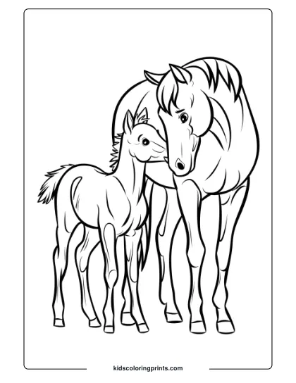 A Young Foal With Its Mother, Highlighting A Tender Bond Perfect For A Coloring Page.