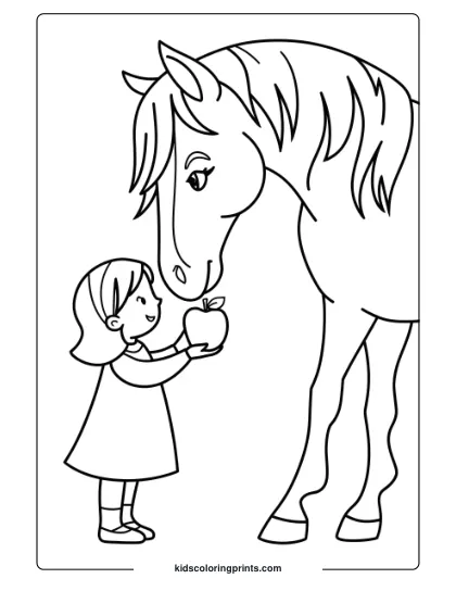 A Girl Feeding A Horse An Apple, In A Delightful And Engaging Coloring Scene.