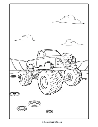 Zombie Monster Truck With Skull Face On A Stadium Track, Creepy And Action Filled Coloring Page Design.